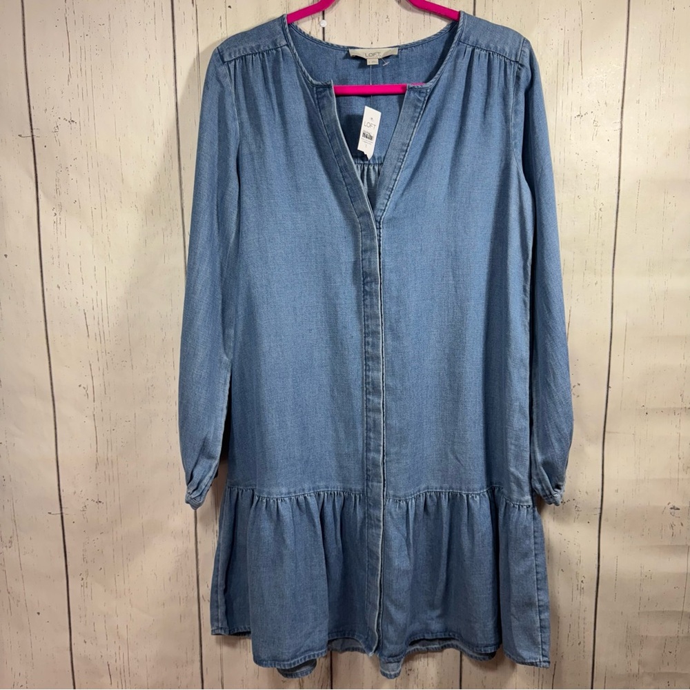 Loft Chambray Denim Ruffle Hem Shift Dress Long Sleeve V Neck Size S Linen Blend